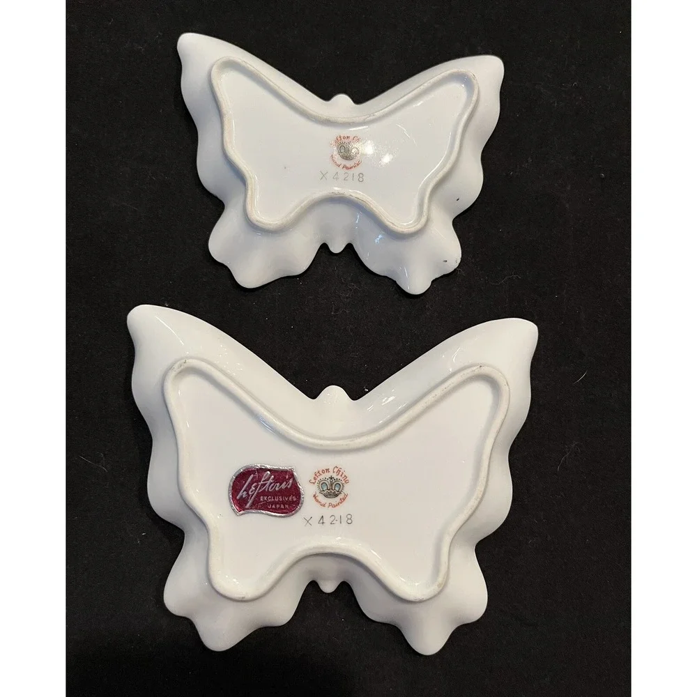 Lefton Butterfly Trinket Dish Set Of 2 Black, White & Gold Floral Design